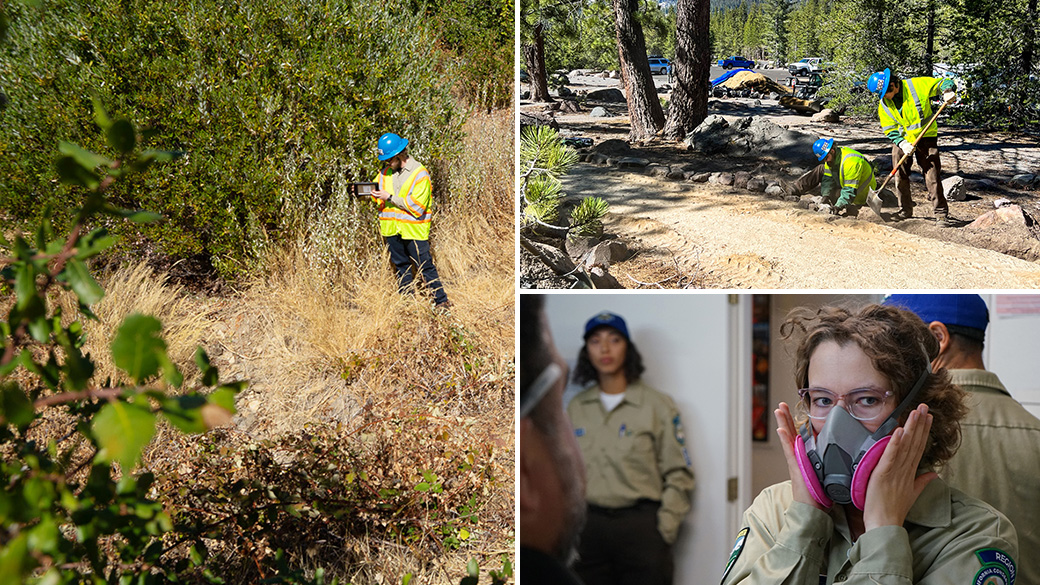 Corpsmembers with the Placer 1 fire crew cut fire line with hand tools as flames from the Dixie Fire approach in 2021.