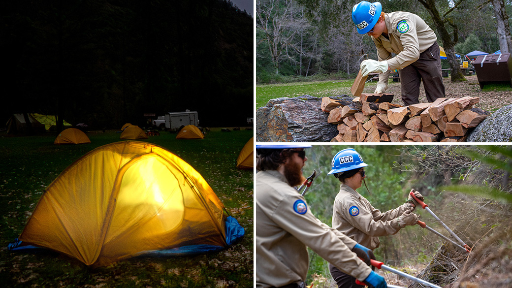 Corpsmembers with the Placer 1 fire crew cut fire line with hand tools as flames from the Dixie Fire approach in 2021.