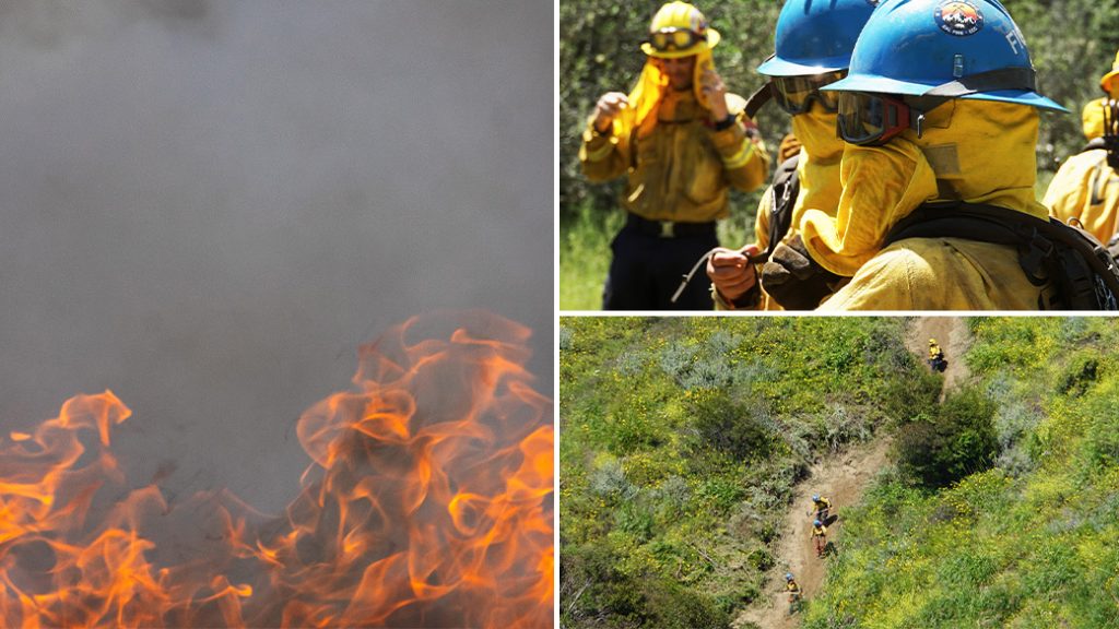 Corpsmembers with the Placer 1 fire crew cut fire line with hand tools as flames from the Dixie Fire approach in 2021.