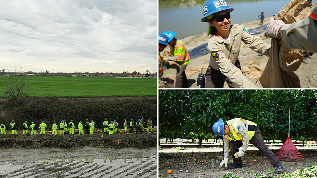 (left) corpsmemembers passing sandbags, (top right) corpsmember receiving sandbag, (bottom right) Corpsmember collecting contaminated oranges