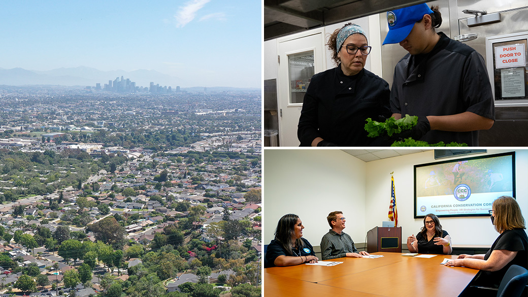 Three image collage. Scenic shot with LA skyline in the distance. Female instructing male while looking at lettuce. Staff in a meeting room sharing a laugh. 