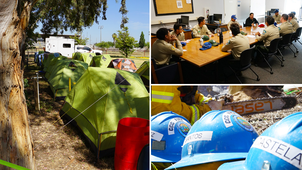 Left: camping tents lined up beneath tree line. Top: Corpsmembers sitting around conference table during study session. bottom: helmets lined up ground with chain saw being sharpened in the background.